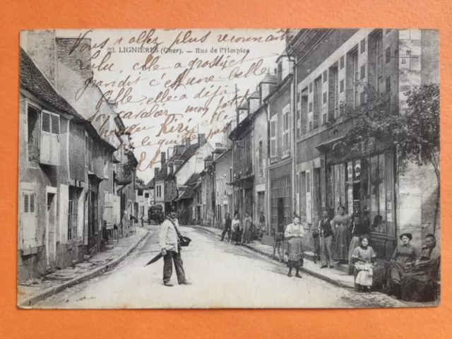 Carte Postale Ancienne 1922 LIGNIÈRES Cher RUE de L'HOSPICE Facteur Animés