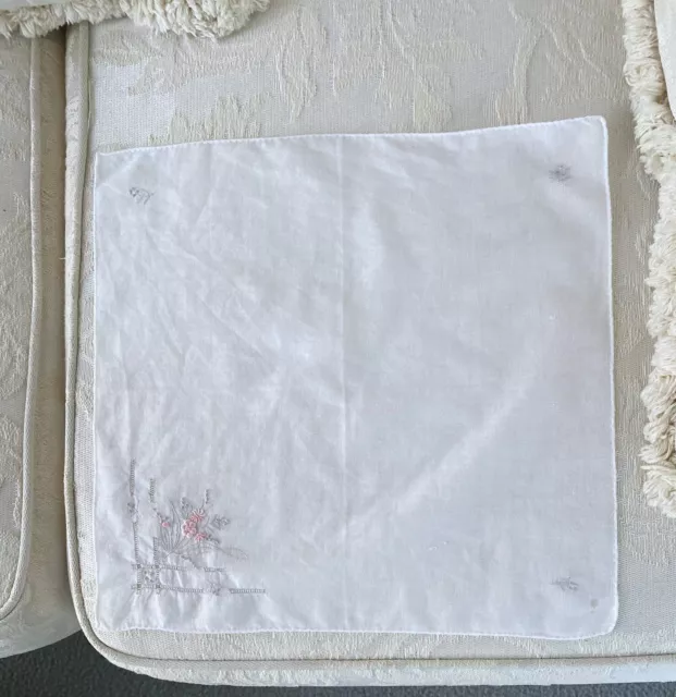 Vintage Ladies Pretty White Handkerchief Cotton w Pink Grey Embroidered Corner