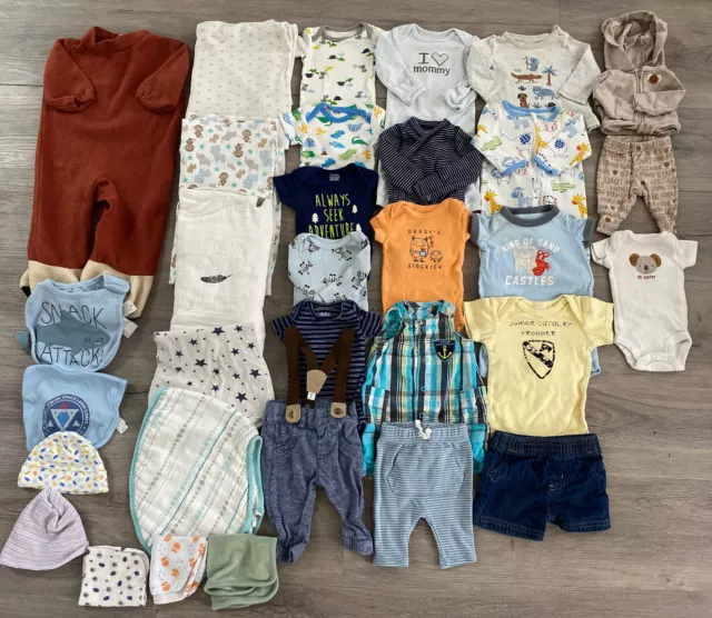 Newborn/Preemie Boys Clothing Lot, 32 Items, Blankets, Bibs, Carter’s, Gerber