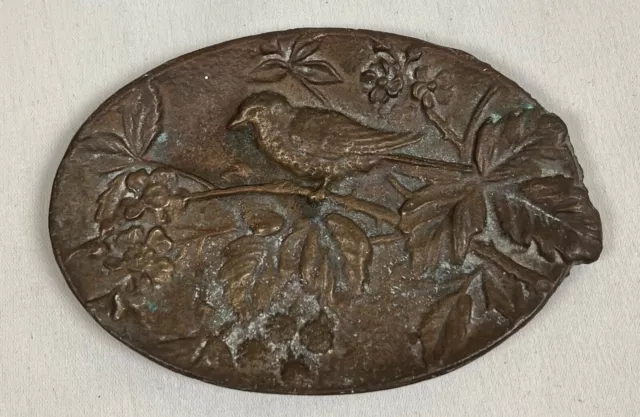 Antique 20th Empty Pocket, Bronze Cup Floral Decor, Bird Signed ECB