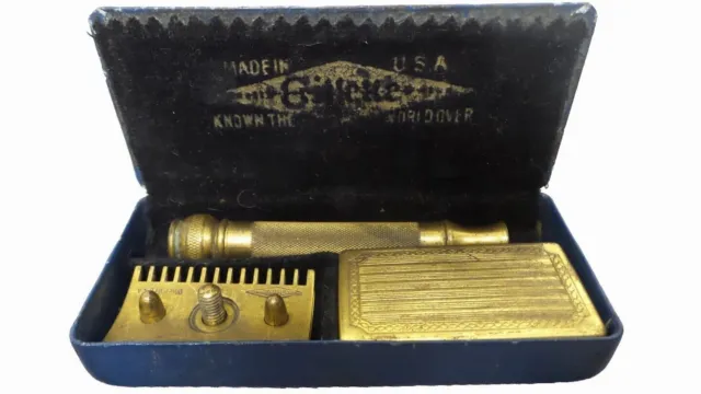 Vintage Gillette Gold Tone Safety Razor In Box With Blades - Made In Usa