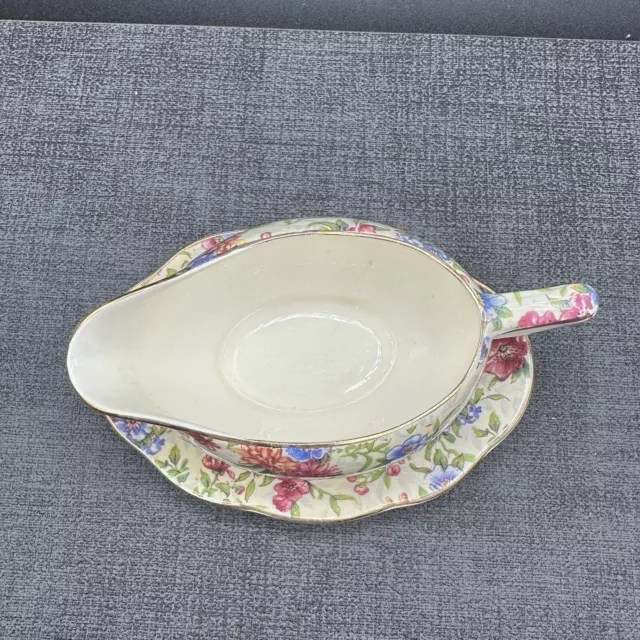 Vtg Royal Winton Grimwades Mayfair Chintz Gravy Sauce Boat & Underplate Floral 2