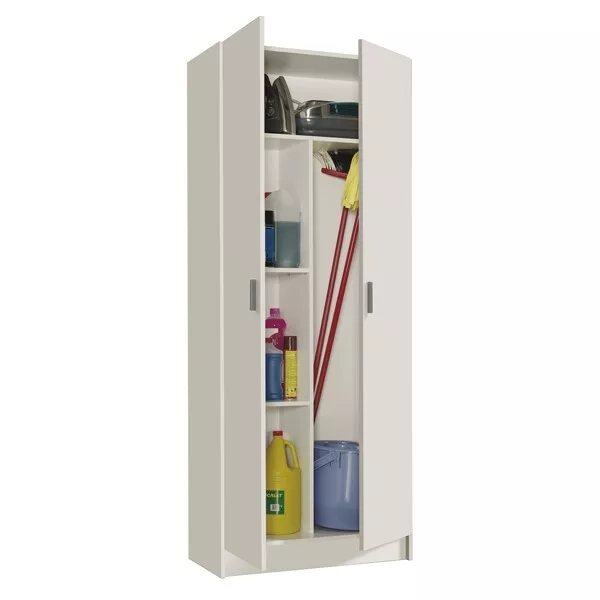 Armadio Multiuso 2 Ante Con Ripiani E Vano Portascope 73x37x180 Bianco In Kit