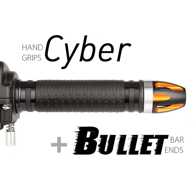 KiWAV Motorcycle Cyber Grips Black with Bullet Bar Ends Orange/Silver