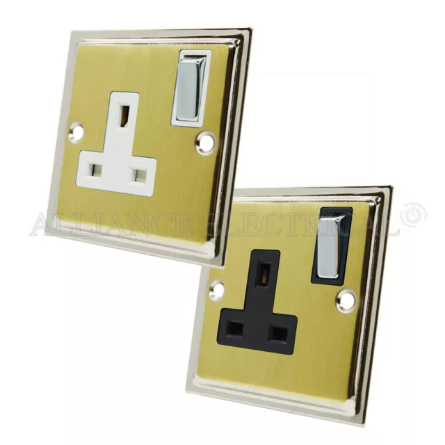 Slimline Satin Brass Polished Chrome Edges Socket 1 Gang 13A Single Plug Outlet