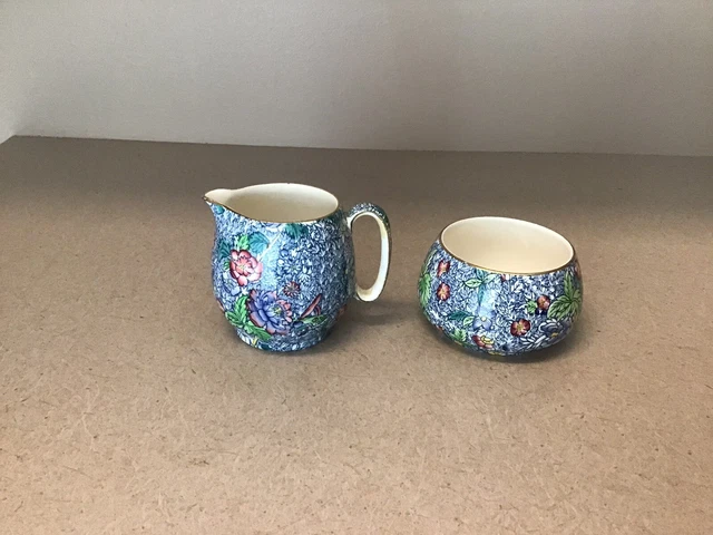 Vintage Royal Winton Blue Anemone Chintz Countess Creamer And Sugar Bowl Set