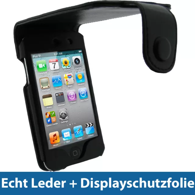 Schwarz Echtes Leder Tasche für Apple iPod Touch 4G 4te Gen 8/32/64gb Hülle Case