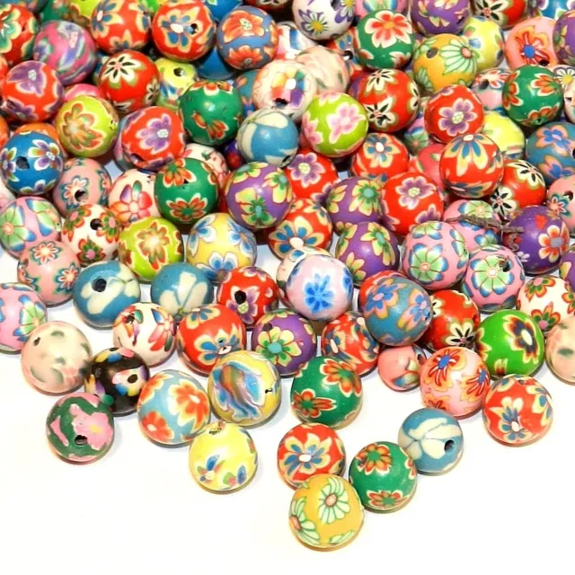 CPC192 Brightly Colored Fun Flower Patterned Polymer Clay 8mm Round Beads 24pc