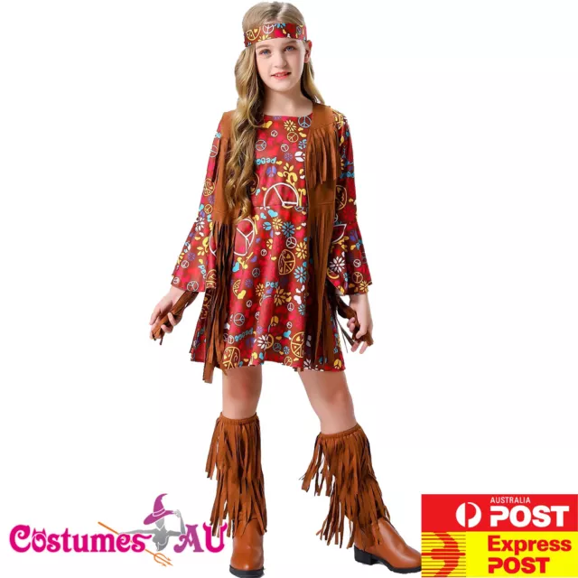Girls Hippie Hippy Costume 60s 70s Child Groovy Dancing Queen Retro Fancy Dress