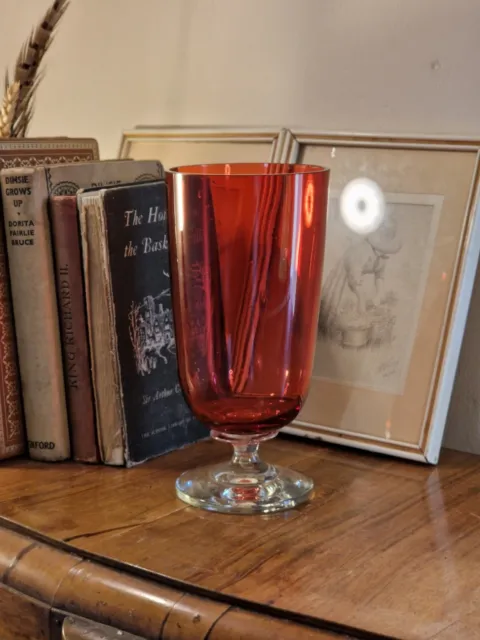 Vibrant Vintage Large Ruby Red Cranberry Glass Hurricane Clear Stem Based Vase