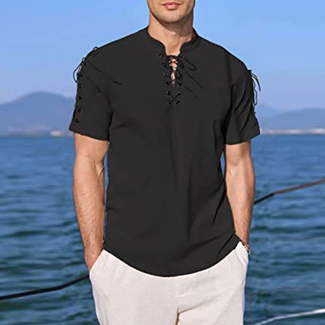 Uomo Scollo A V Manica Corta Tinta Unita Muscolo Camicie Top Casual con Lacci T