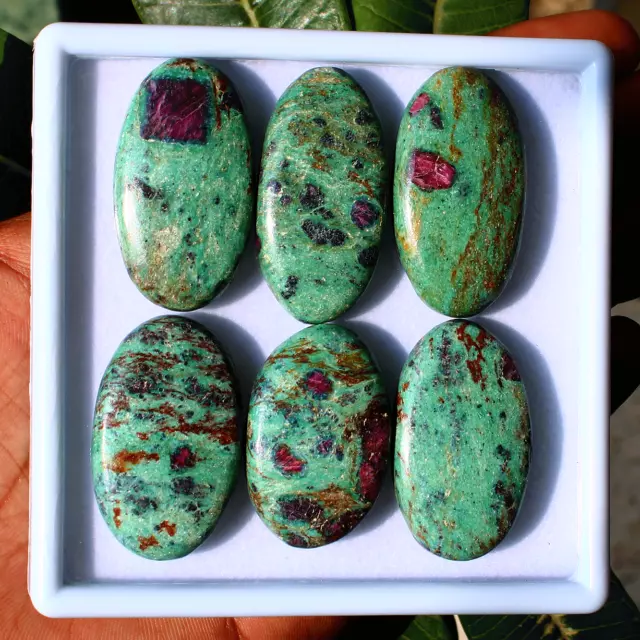 6 Pcs Natural Ruby Fuchsite Untreated 34mm-39.5mm Oval Cabochon Loose Gemstones