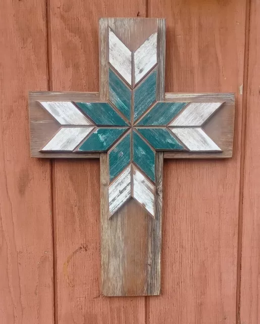 Rustic Salvaged Reclaimed Quilted Wood Cross Green White Weathered Cedar Star