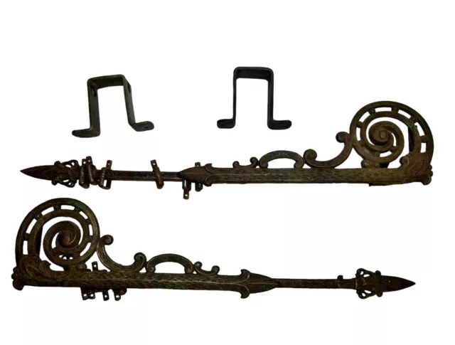 Lot of 2 antique ornate Curtain Rods Cast iron Swing Arm extendable + Brackets