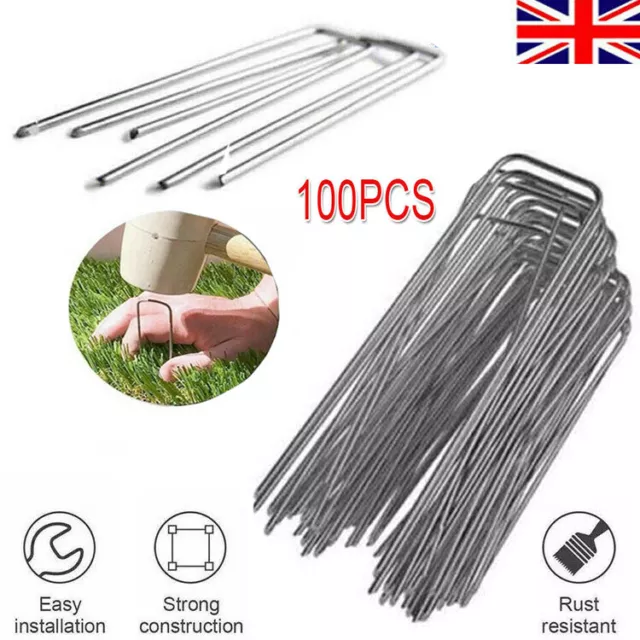 100x U PINS GREEN ARTIFICIAL GRASS TURF PIN GALVANISED METAL STAPLES WEED HOOKS