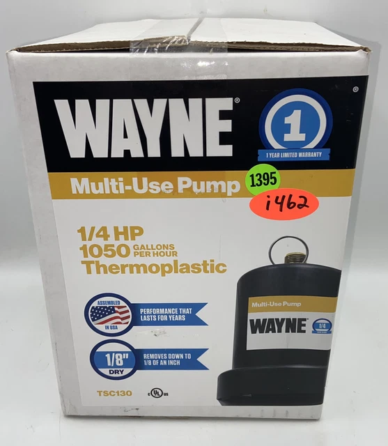 WAYNE TSC130 Pompa Sommergibile Termoplastica 1/4 HP, 1050 GPH, Scarico 3/4', Per Rimozione Acqua, Resistente Alla Corrosione, Assemblata In USA - 3