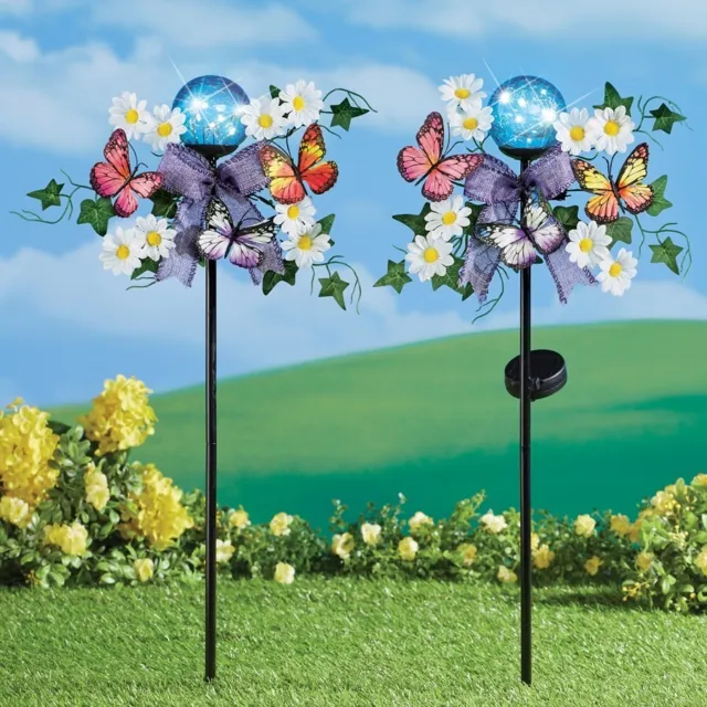 Set of 2 Solar Powered Crackled Glass Gazing Ball Butterfly Garden Stakes