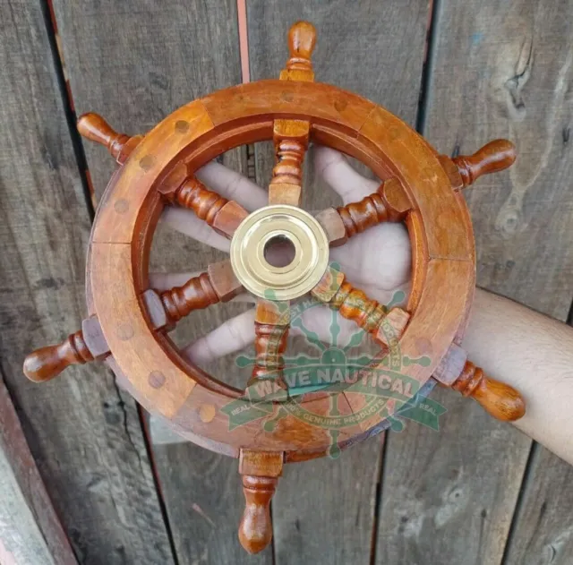 12" Wooden Ship Wheel Wall Decor Nautical Boat Steering Wheel Pirate Home Decor