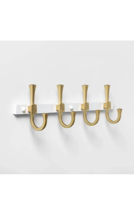 Flared J Hook Rack Hanger Brass White Wall Mount Storage Hangs Coats Hats Towels