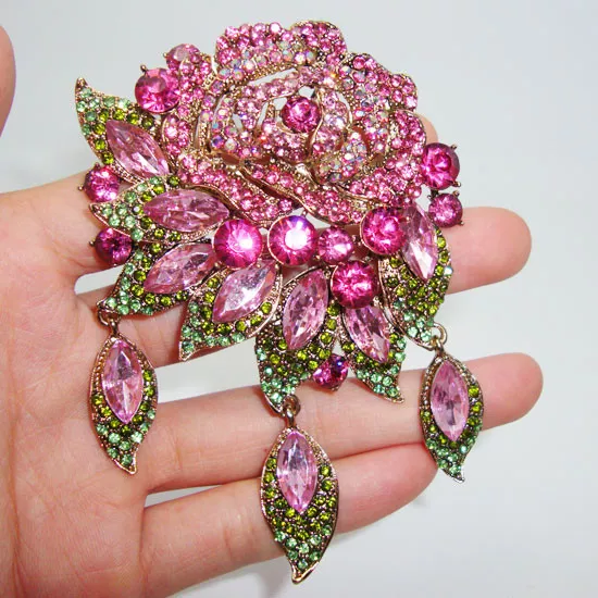 Art Deco style romantic charming flowers Rose Brooch Pin Pendant Pink Crystal