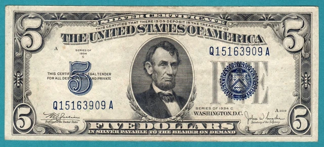 1934 C $5.00 Five Dollar Blue Seal Silver Certificate with Free S&H