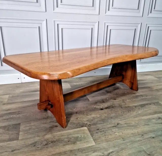 Vintage Rustic Freeform Solid Wood Waney Edge Brutalist Reclaimed Coffee Table
