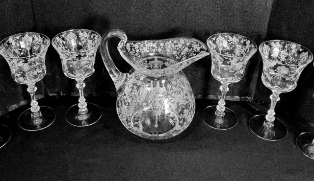 Vintage Cambridge Crystal Doulton Etched Pitcher 4 Goblet Glasses 3500 Rosepoint