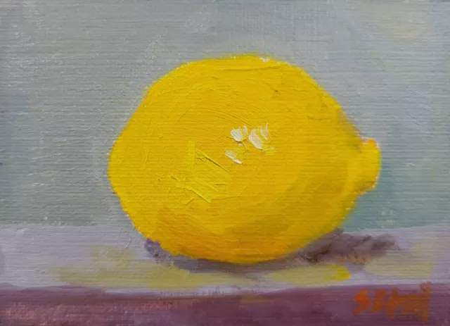 ACEO, Lemon on the Table, Original Still Life Oil Painting, 3.5 x 2.5 In