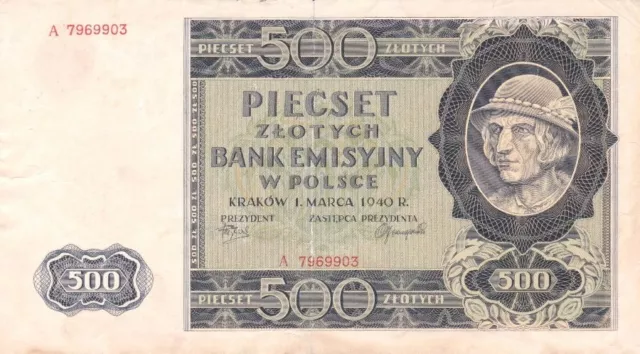 #Bank of Poland 500 Zlotych 1940 P-98 AF+ Morskie Oko