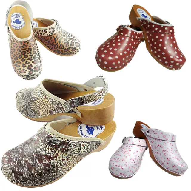 CLOGS Pantolette Sandalette Holz Leder Schlange Blumen Jaguar Muster Holzschuhe