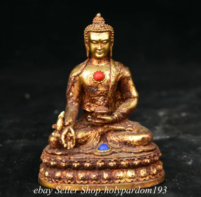 3.8" Old Chinese Bronze Gilt Inlay Gems Shakyamuni Amitabha Buddha Statue