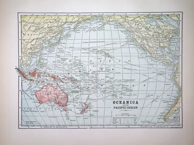 Old 1896 Historical Atlas Map ~ PACIFIC OCEAN - OCEANICA ~(11x14) -#947