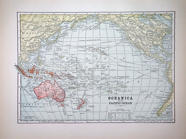 Old 1896 Historical Atlas Map ~ PACIFIC OCEAN - OCEANICA ~(11x14) -#947