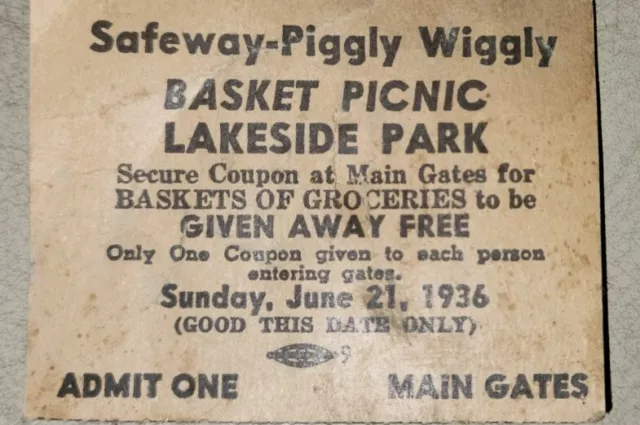Vintage Safeway/Piggly Wiggly Basket Picnic Lakeside Park Grocery Give Away 1936