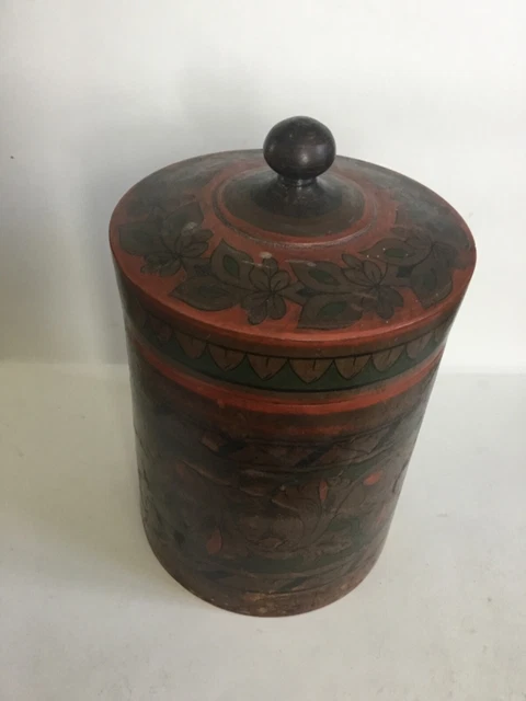 Vintage Indian Hand Painted Wooden Canister W / Lid