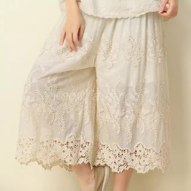 Women Cotton Lined Split Skirt Capris Pettipants Lace Culottes Bloomers Pants