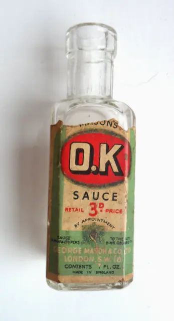 Vintage OK Sauce Miniature Bottle with label. Mason's. Cork missing