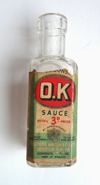 Vintage OK Sauce Miniature Bottle with label. Mason's. Cork missing
