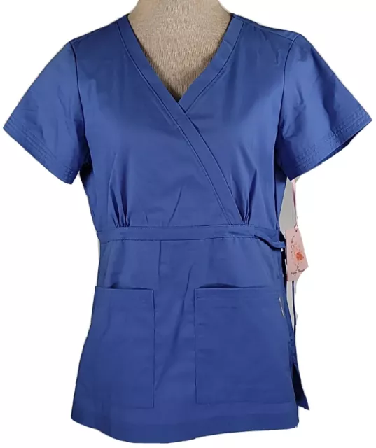 Koi Katelyn Womens Small Ceil Blue Scrub Top Mock Wrap Cotton Blend #137, NWT