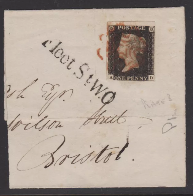 GB 1840 1d Penny Black A-D on large piece with Fleet St W.O straight line