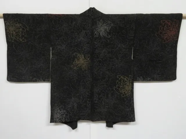 0206N09z520 Vintage Japanese Kimono Silk HAORI Black Chrysanthemum