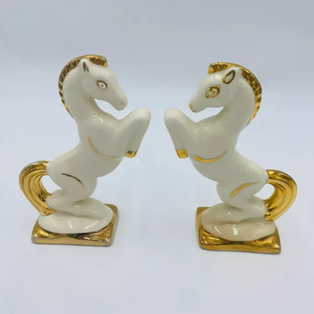 Vintage Ceramic Horse Figurines White with Gold Trim MCM Statue Decor 6"