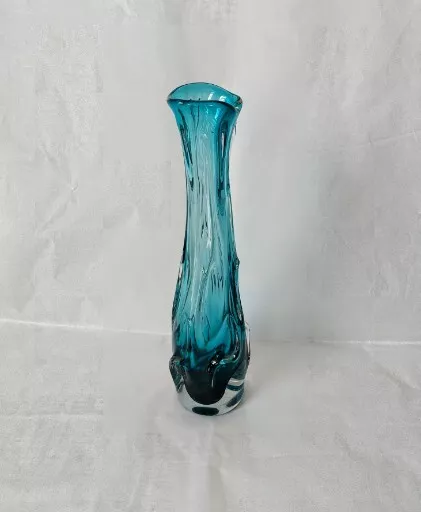 Jan Beranek blue Czech Skrdlovice Blue ClearGlass Pulled Lobe Vase, 1960s