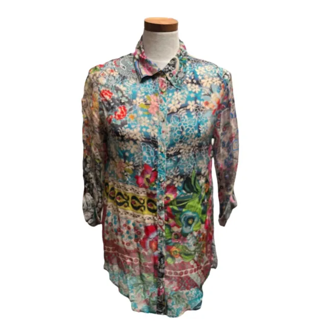 Johnny Was Patchwork Button Up Rayon Women's Top Blouse Milla C687258-2 XS B1