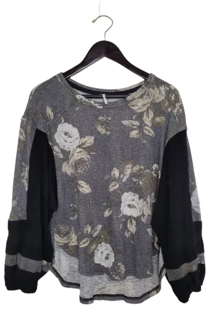 Free People Womens Boho Thermal Top Blouse Flower Patch Black Size Small