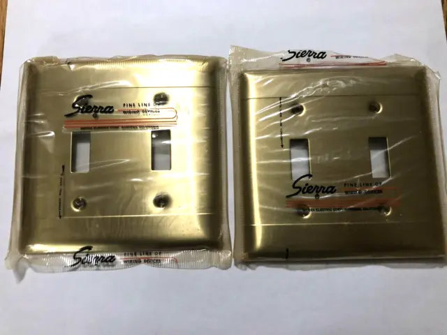 2 Sierra Light Double Switch Covers Brushed Brass USA Mid Century Modern NOS
