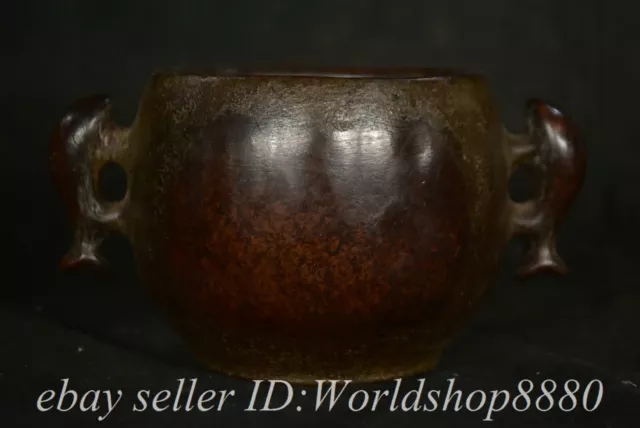 5.2" Xuande Marked Chinese Purple Bronze Dynasty 2 Fish incense burner Censer