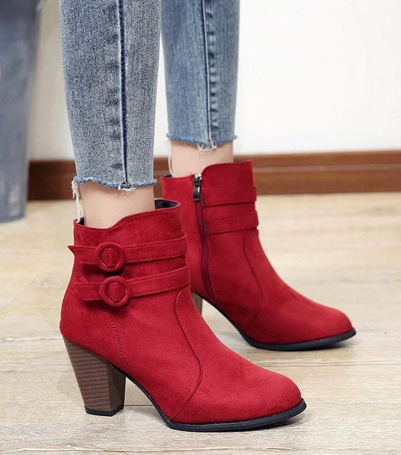 Bottes Femme Talon 8 CM Rouge Bottines Carré Cuir Synthetique 8311