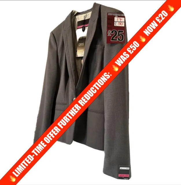 Next Ladies Suit Jacket Smart Grey Slim Fit Pockets Front Button Tailored Style