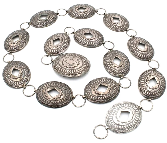 Vintage Sterling Silver Navajo 42 Inch Engraved & Cut Ot Concho Belt S74-9 Vintage Sterling Silver Navajo 42 Inch Engraved & Cut Ot Concho Belt S74-9